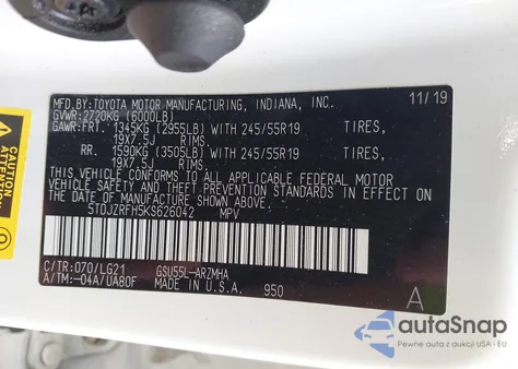 2019 Toyota Highlander Se from USA, damaged, VIN 5TDJZRFH5KS626042